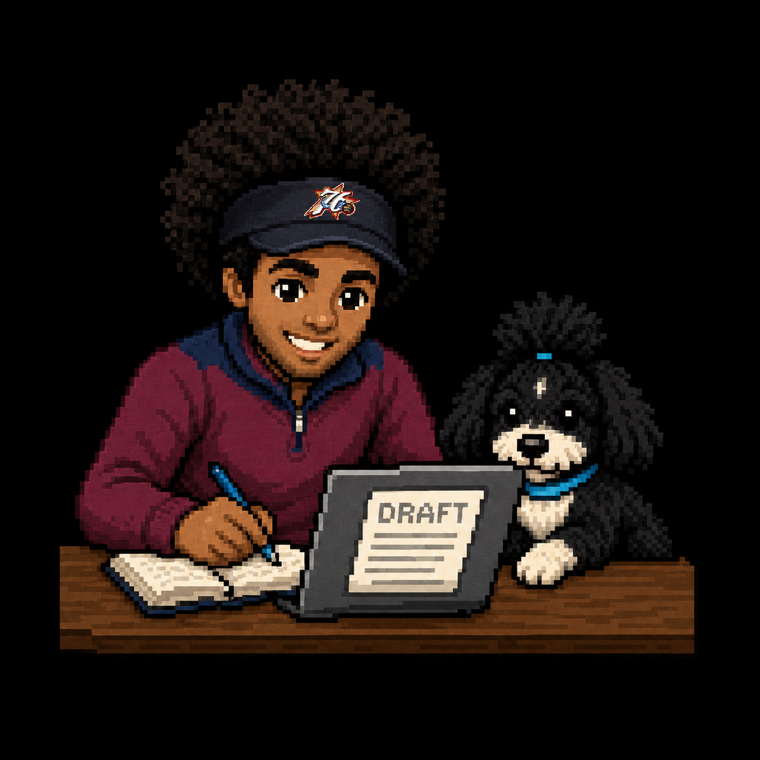 Pixel art of Maanek drafting with Absol nearby