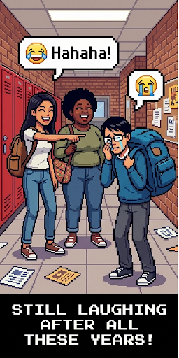 Pixel art hallway scene with classmates laughing